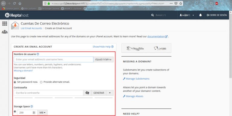 Formulario para crear una cuenta de correo en cPanel
