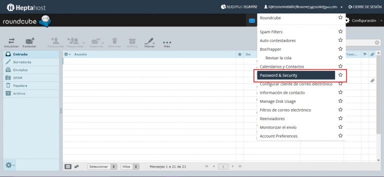 Captura del cambio de contraseña de correo en Webmail, paso 1