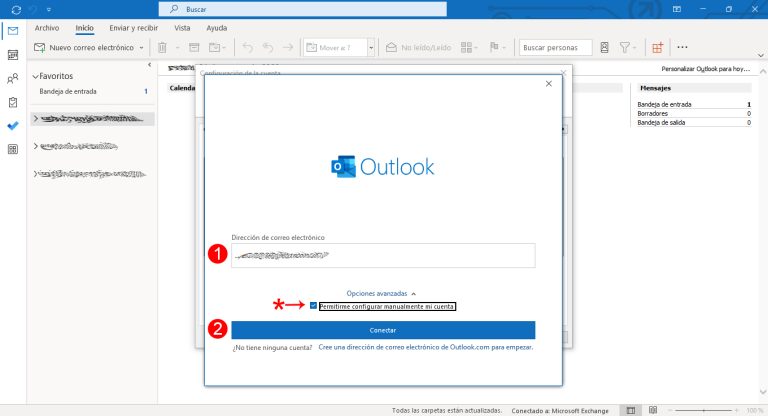 Outlook: campo de dirección de correo y casilla Permitirme configurar manualmente mi cuenta marcada